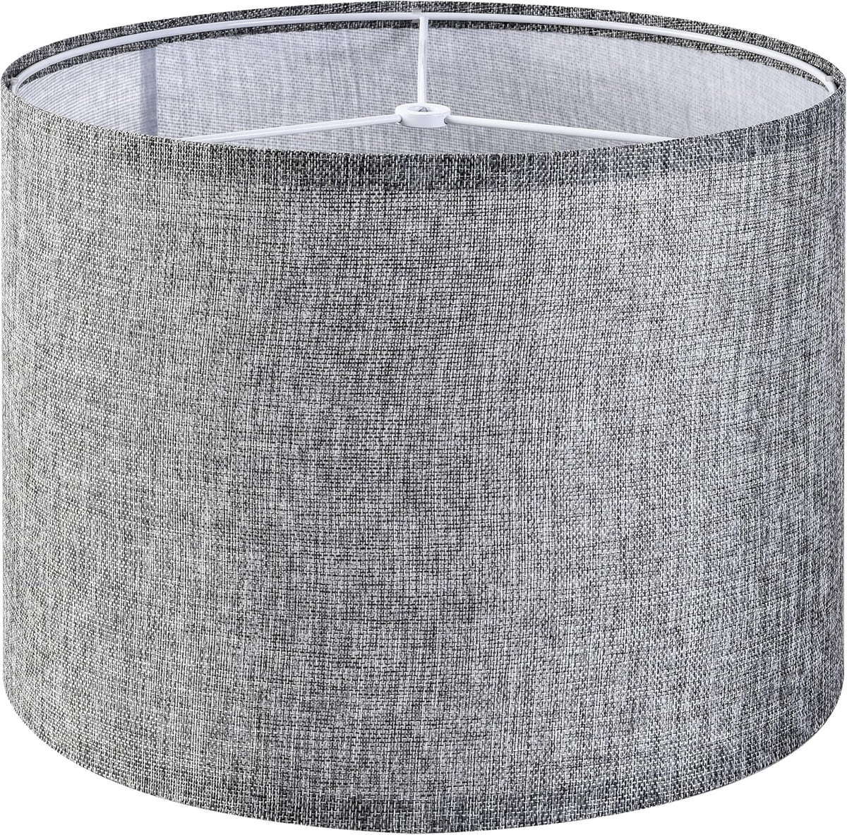 Close-up of a light gray textured drum lampshade showing the top spider fitter