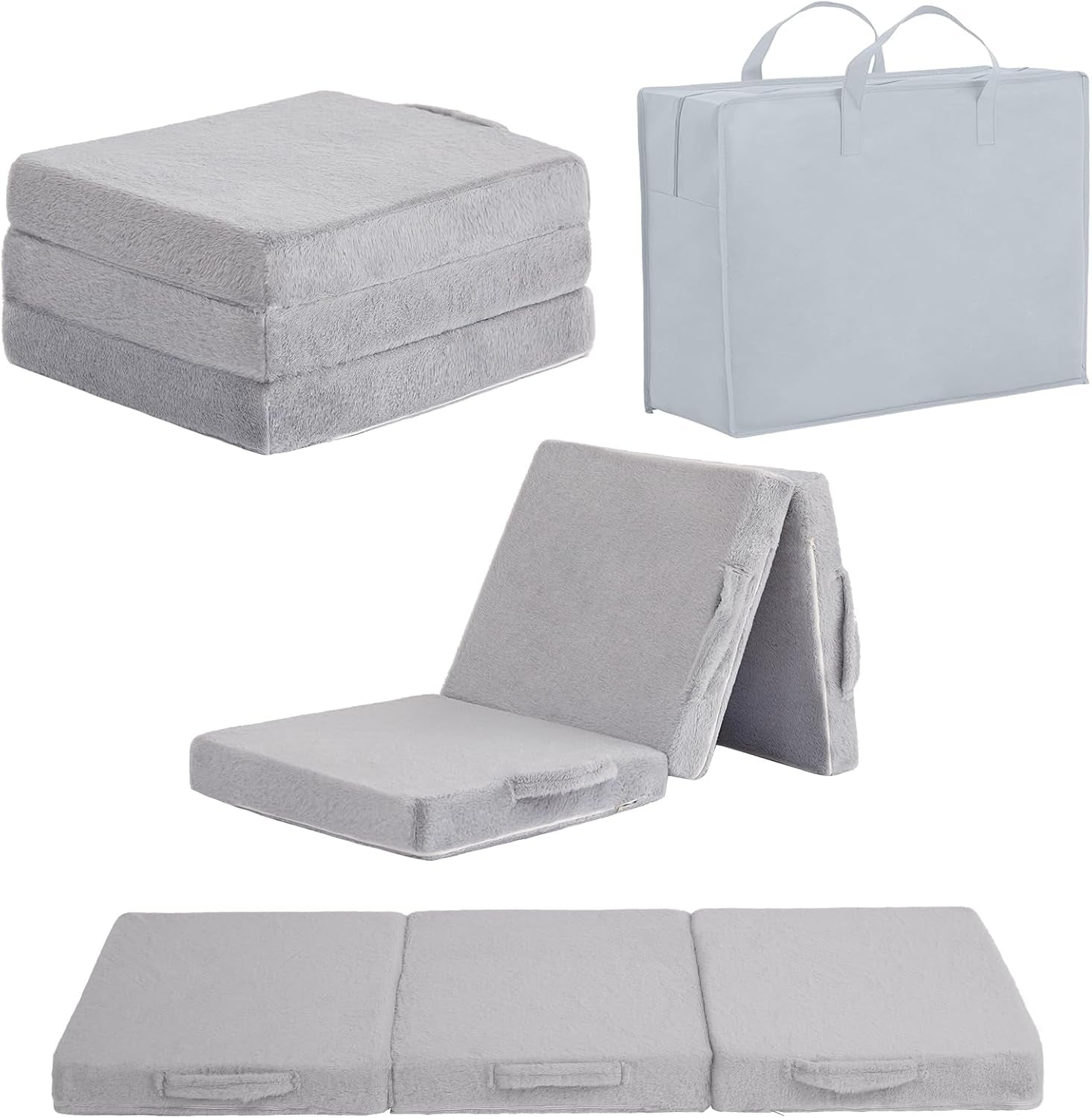 Folded light-gray tri-fold kids mattress, matching carrying bag, and partially folded mattress displayed flat.