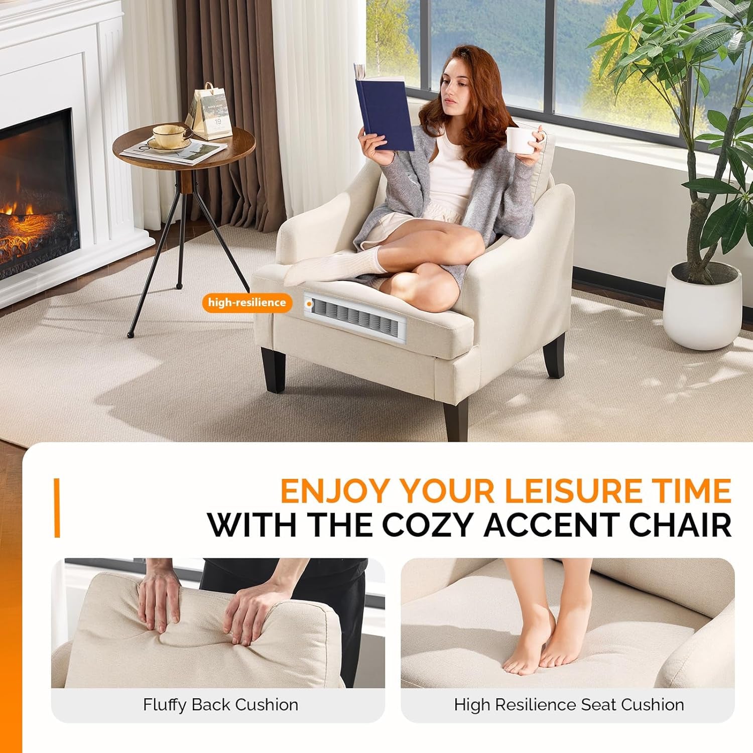 Person lounging in a beige accent chair with fluffy back cushion and high-resilience seat cushion visible