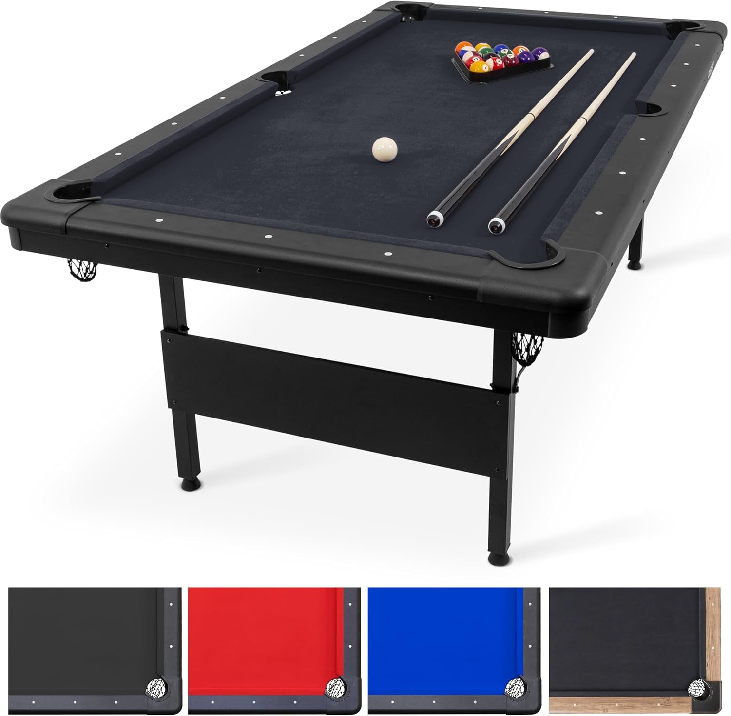 Angled view of a black-felt pool table with two cues, racked balls and cue ball.