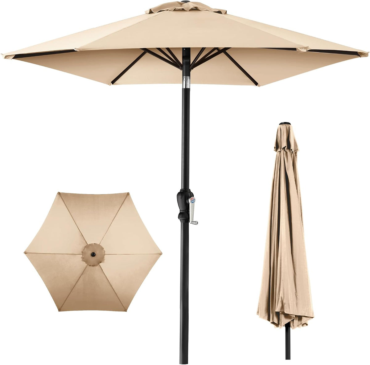 Beige canopy shown open, top view, and closed on a black pole with crank