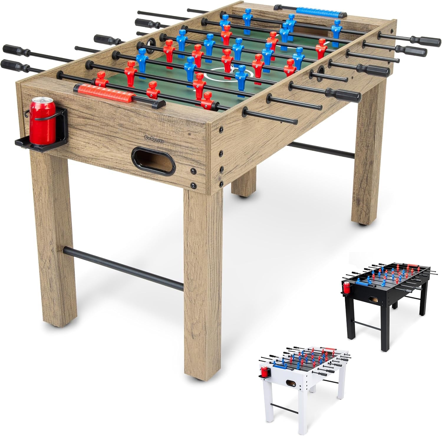 Oak-finish foosball table, angled front view showing red and blue player figures, black handles, and cup holder