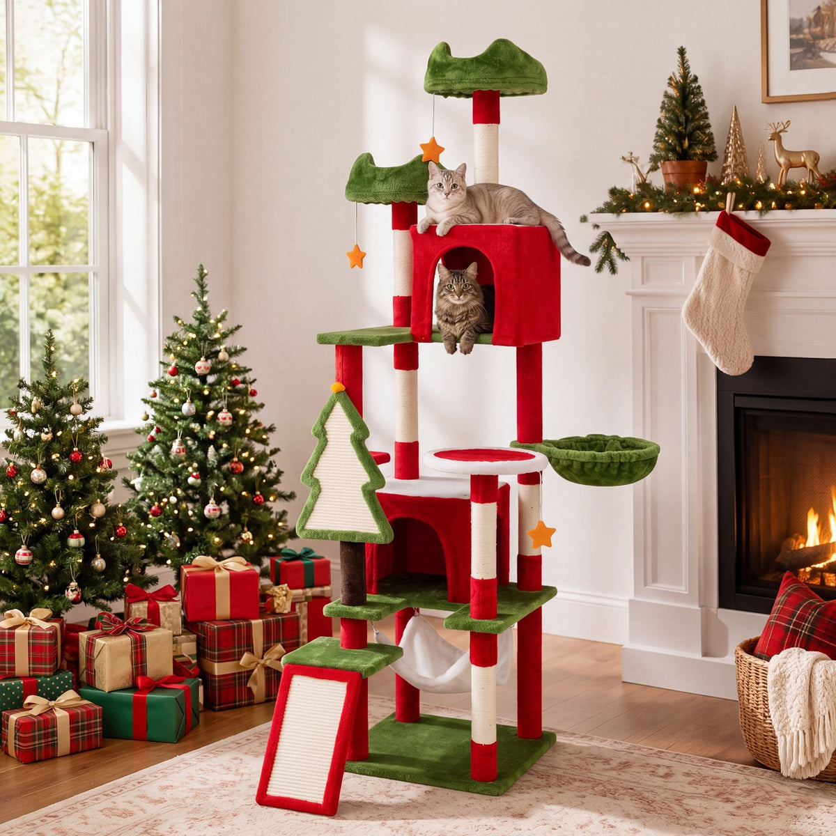 Red and green multi-level cat tree with two cats in a Christmas-decorated living room