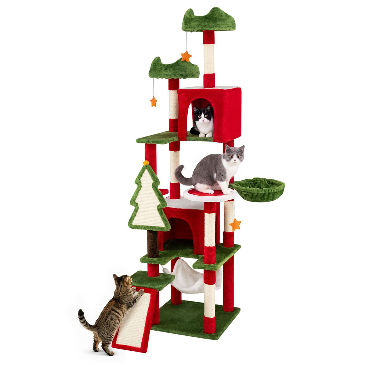 Red and green multi-level cat tree with cats on the condos, perch and scratching ramp