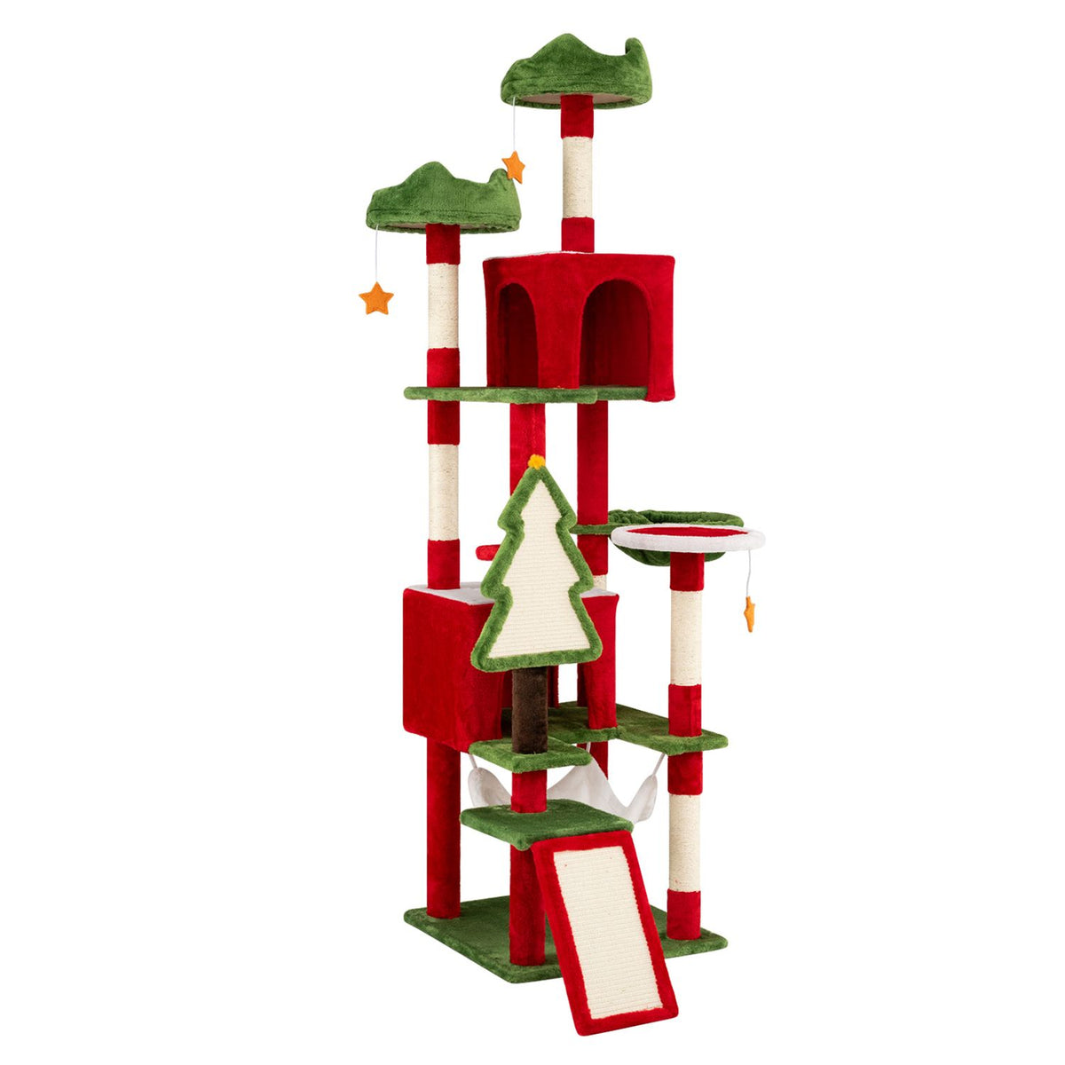 Red and green Christmas cat tree shown alone against a white background