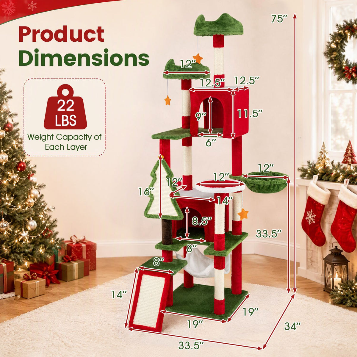 Cat tree dimension diagram showing the 75-inch height and individual component measurements