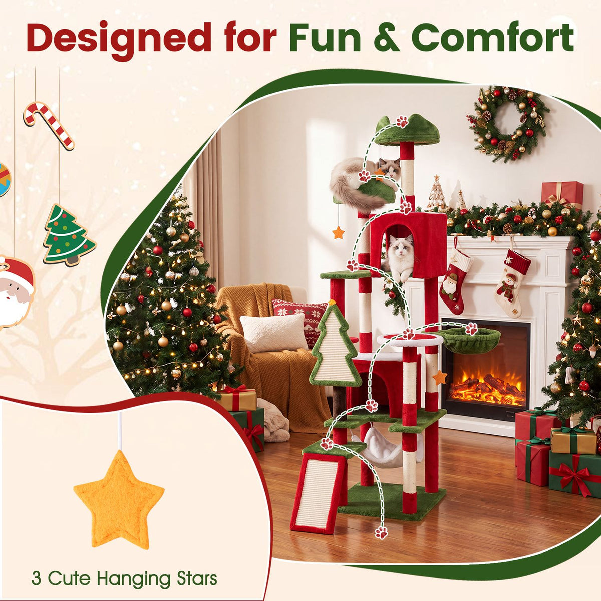 Red and green cat tree in a Christmas living room with a graphic highlighting hanging stars