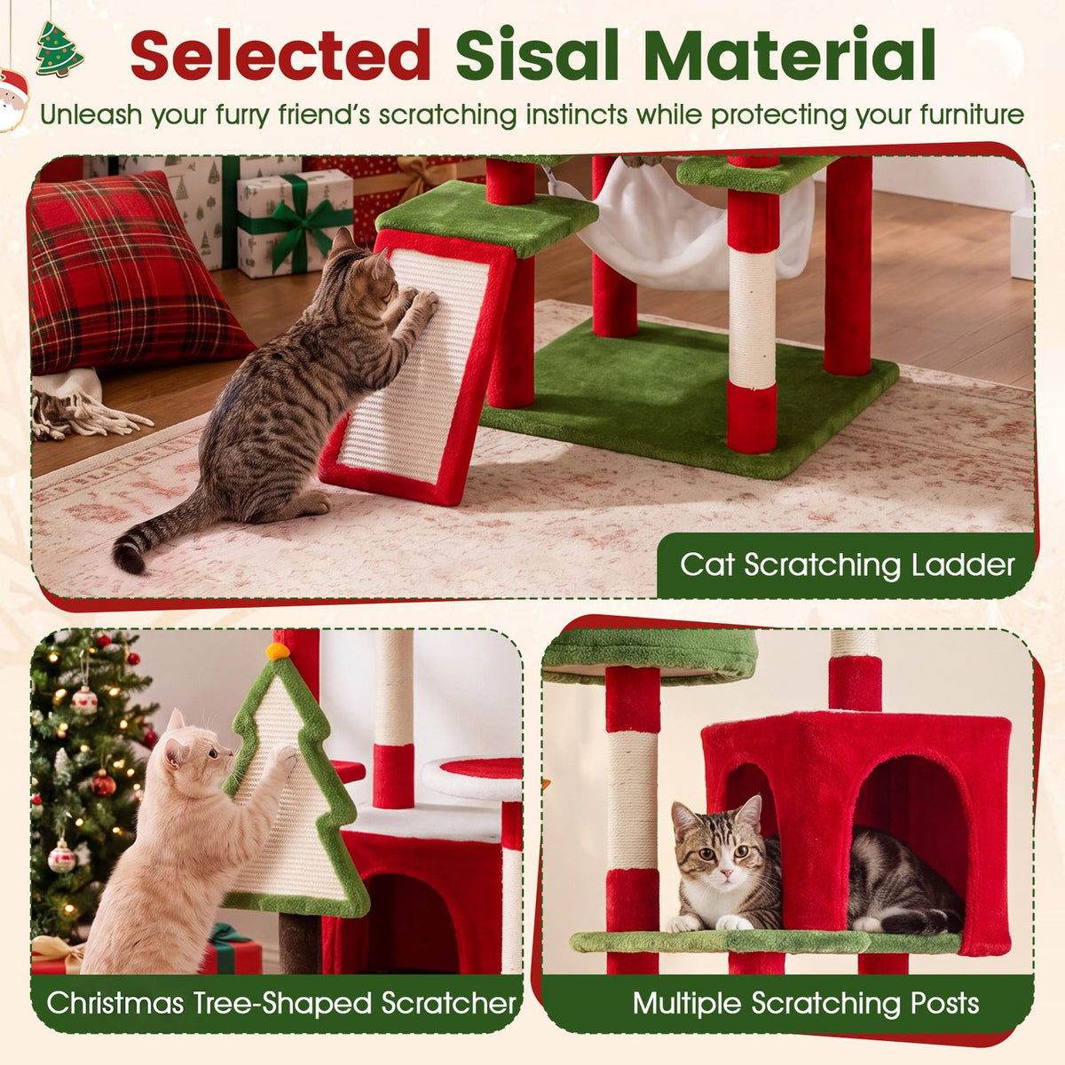 Cats use a red scratching ladder, a tree-shaped scratcher, and posts beside the tree’s red condo.