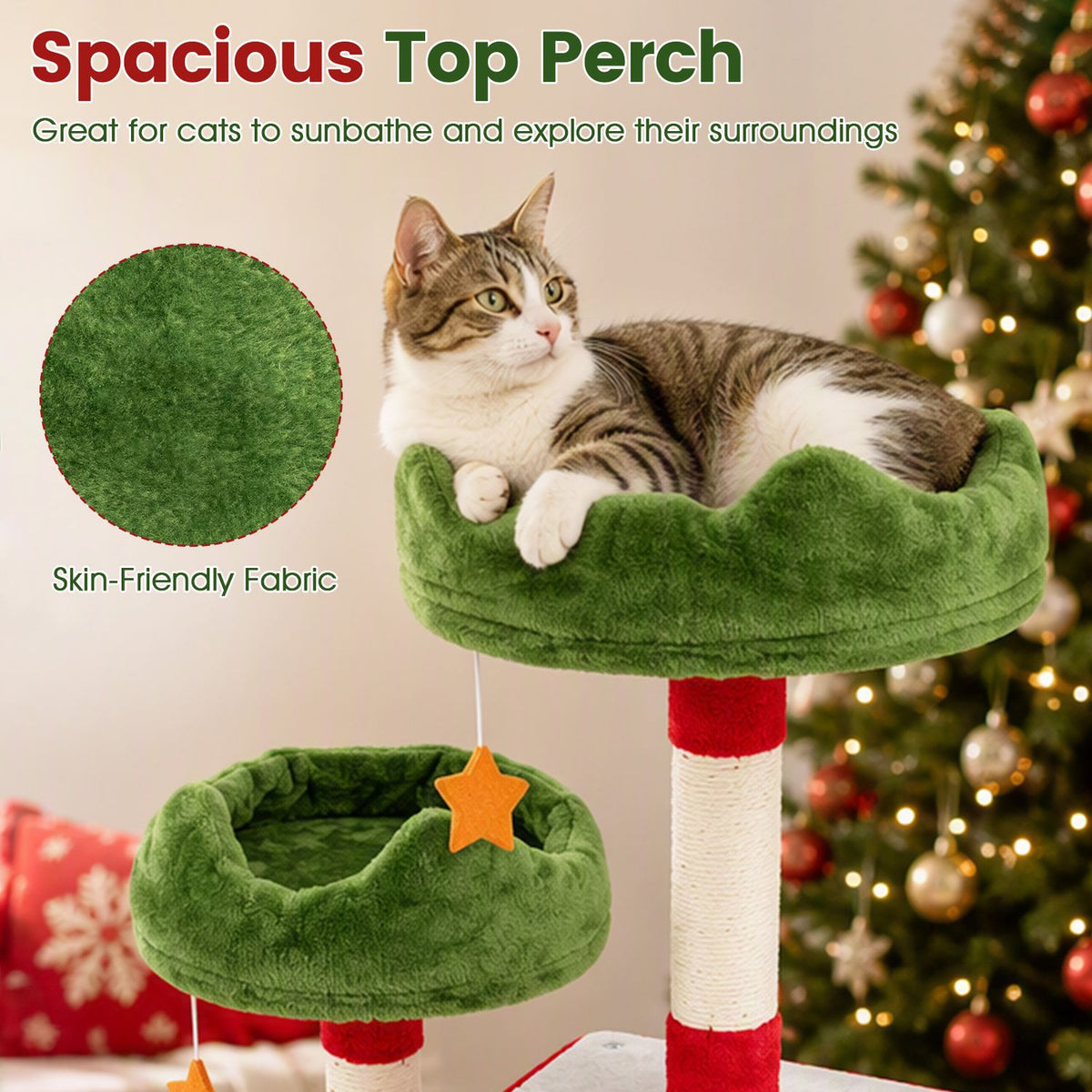 A cat lounges on the green top perch above a second perch, with a hanging star toy between them.