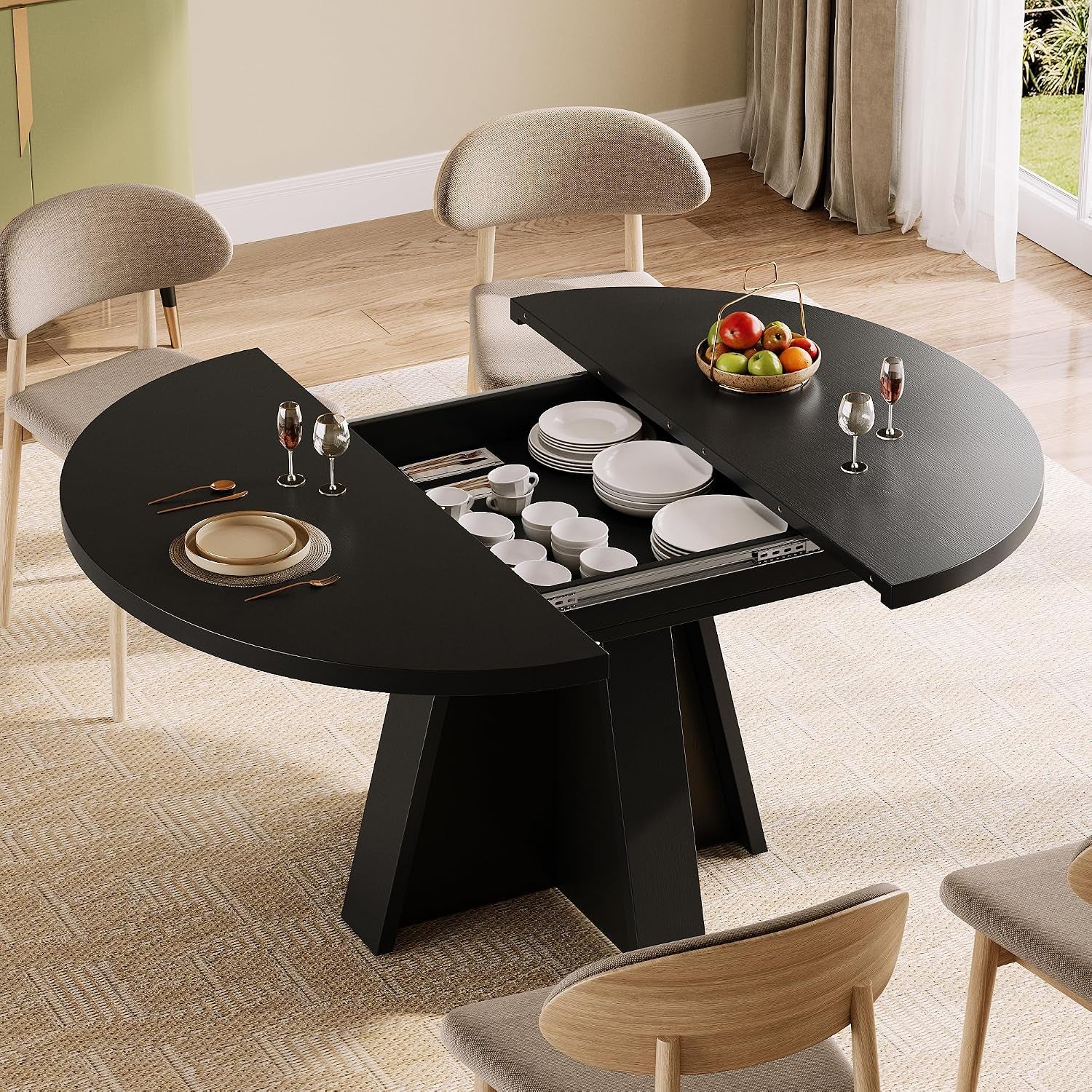 Top-down angle showing the table opened to reveal the under-top storage compartment filled with dishes
