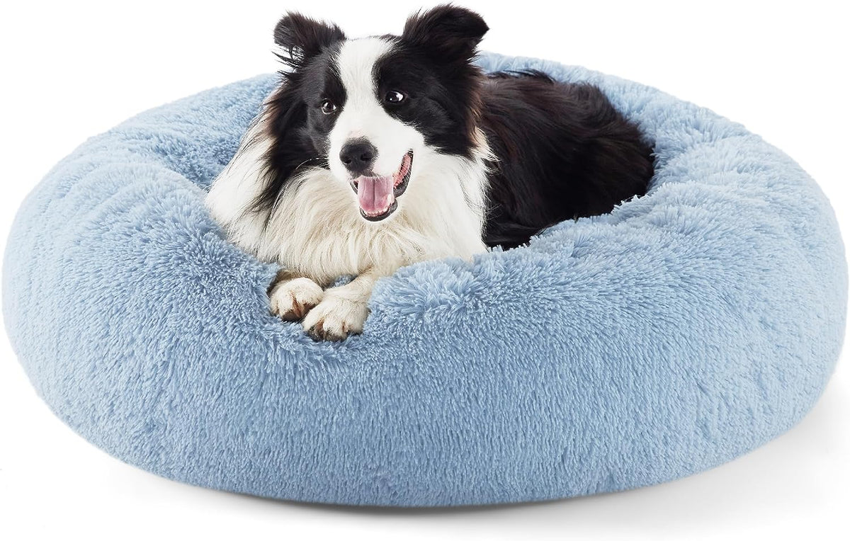 Three-quarter front view of a light-blue round faux-fur bed with a black-and-white border collie resting inside