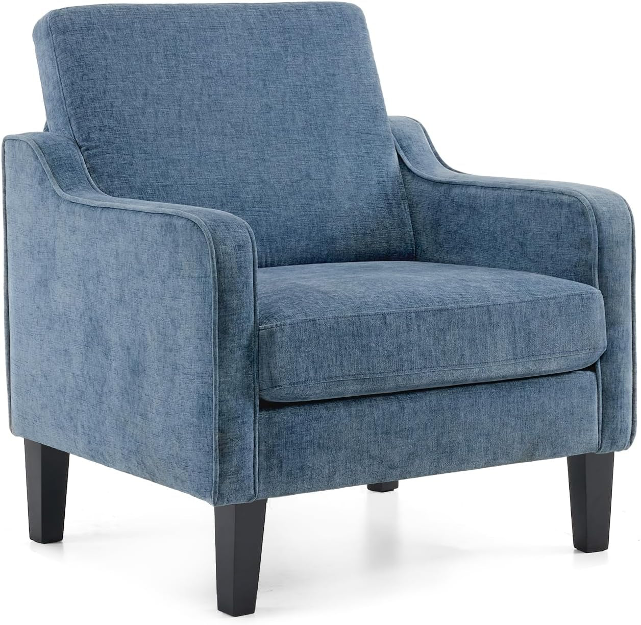 Three-quarter view of a light blue denim-look upholstered accent chair with dark tapered legs.