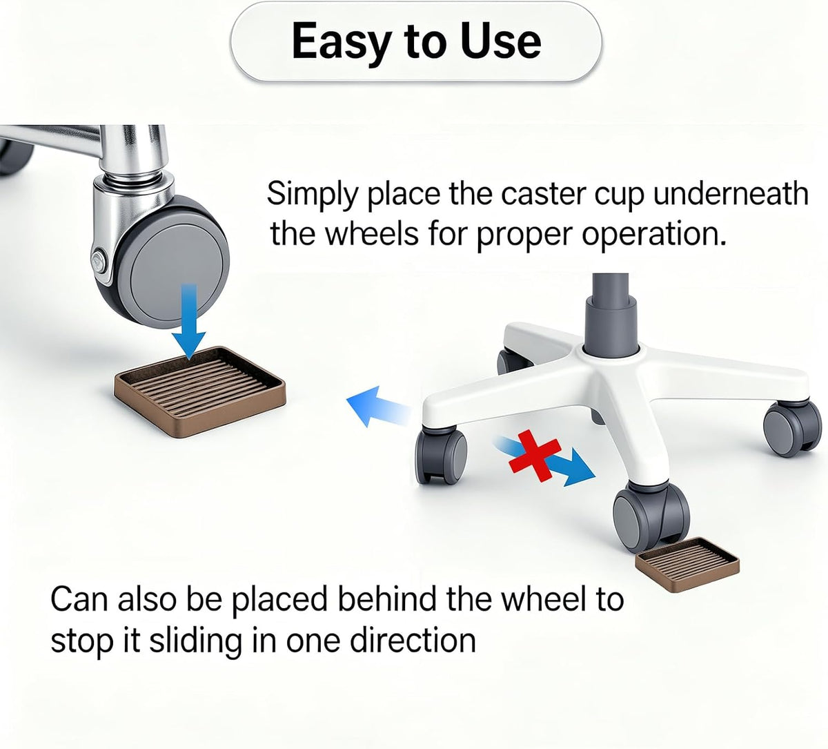 Detail showing a caster wheel and a small square brown stopper placed under the wheel on a white floor.