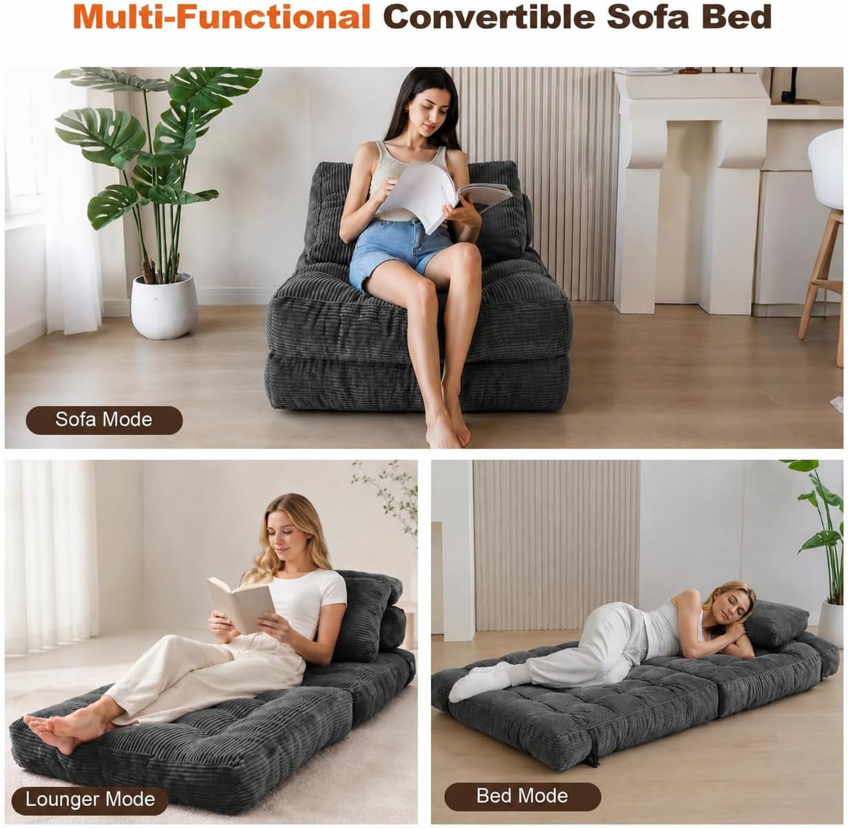 Three lifestyle scenes showing the sofa in sofa mode, lounger mode and bed mode with people using each position