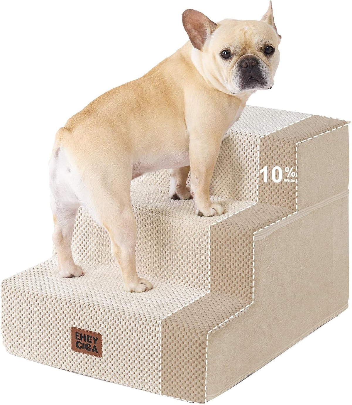 Angled close-up of light beige four-step stairs with dashed outline on the top riser and a cream French bulldog standing
