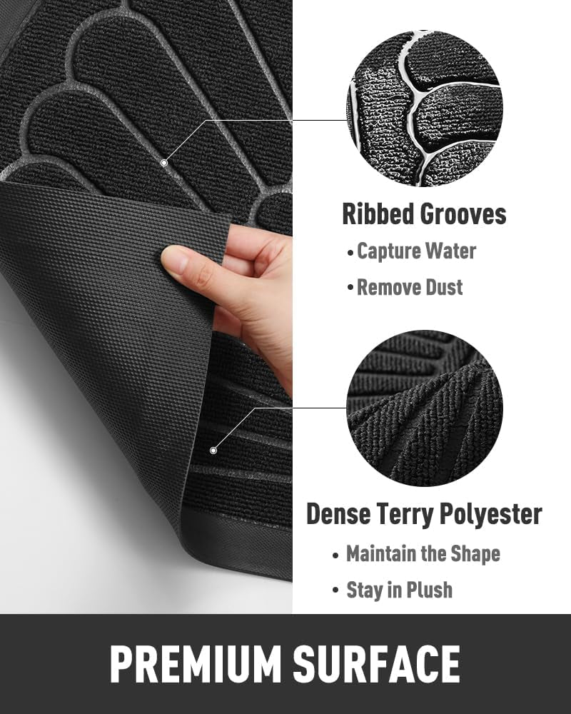 Close-up of the mat underside being lifted to reveal textured rubber backing and the ribbed polypropylene terry surface