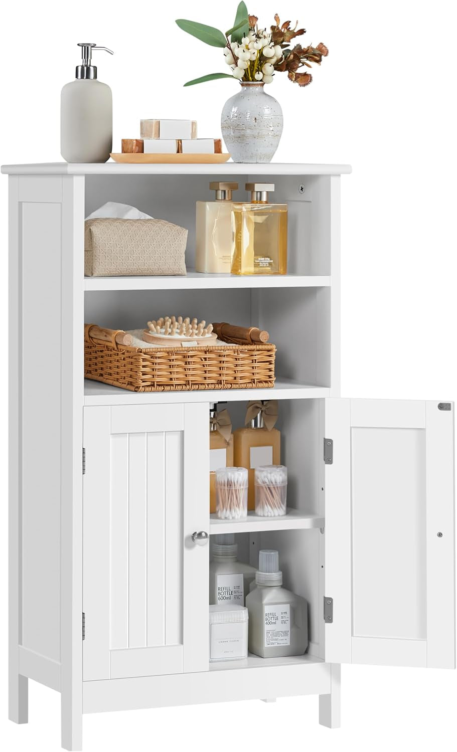 White freestanding cabinet front view showing two open shelves and lower double doors open with toiletries on shelves