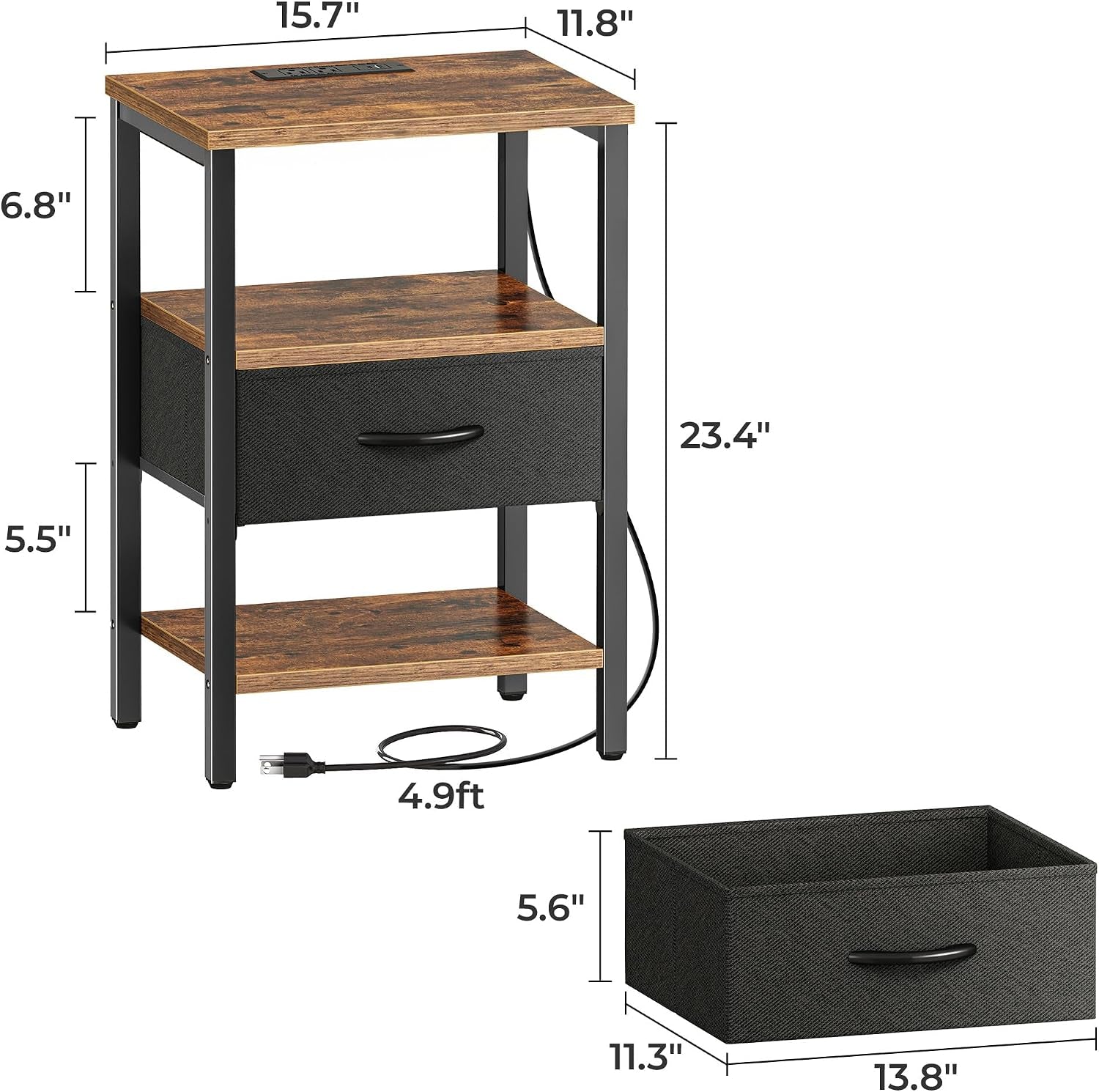 Diagram of the nightstand showing top, middle drawer and bottom shelf with measurement callouts and power cord.