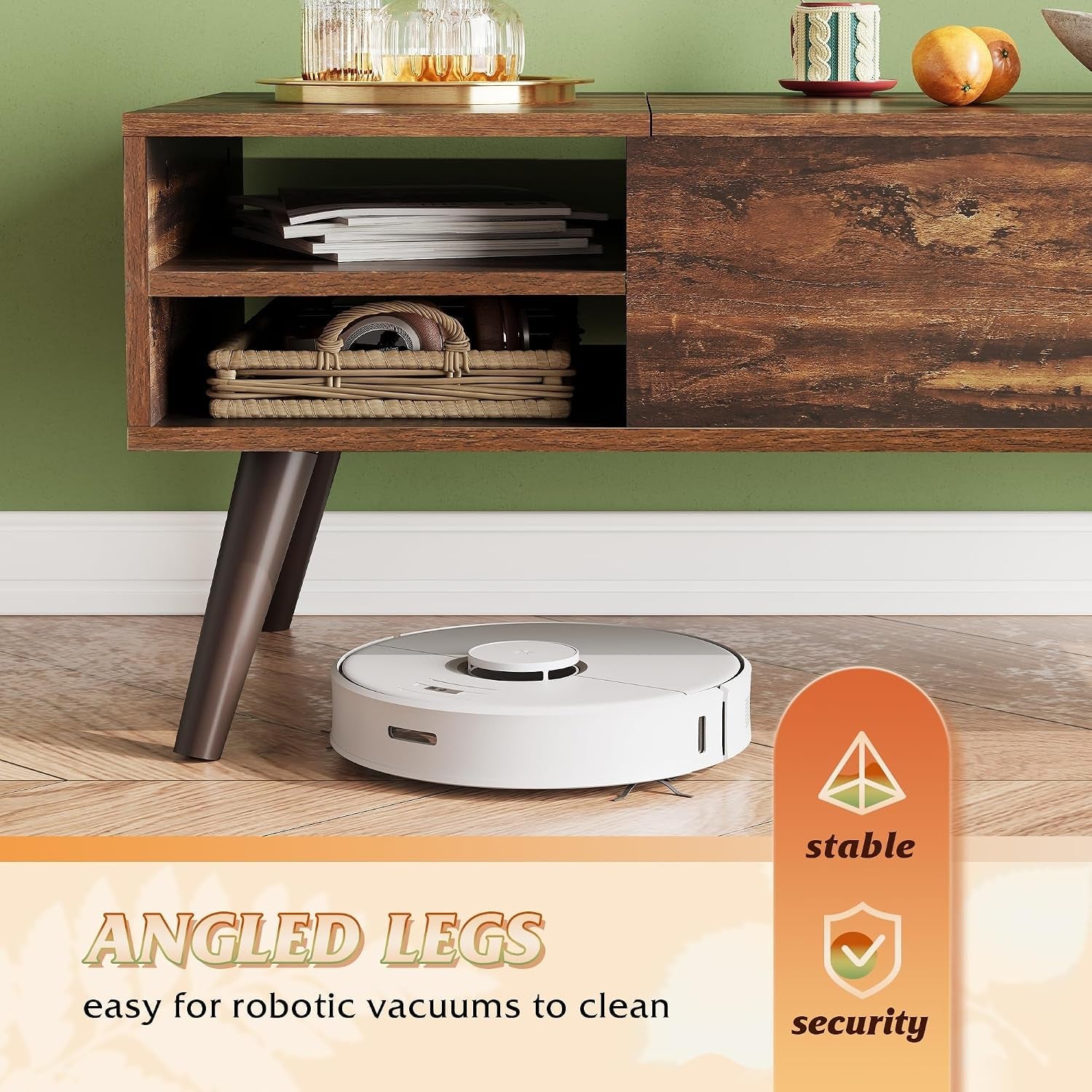 Low side view of the table showing angled dark legs, two open shelves and a robot vacuum on the floor underneath.