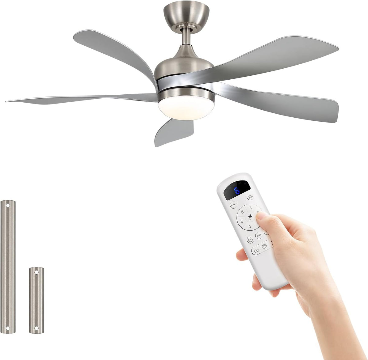 Silver five-blade ceiling fan in brushed finish shown with two downrods and a handheld remote in a hand.