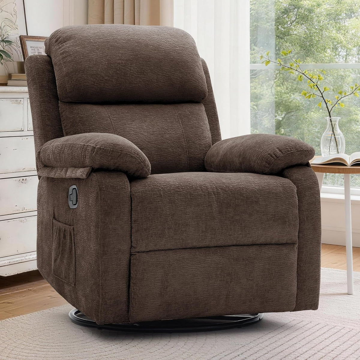 Dark brown fabric swivel rocker recliner shown near a window with a side pocket and metal base visible