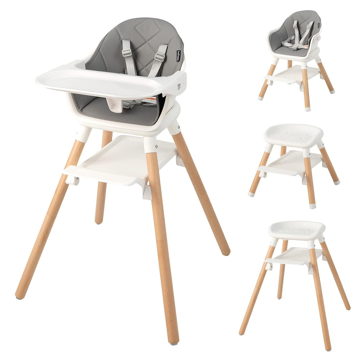 Gray padded highchair on beech wood legs shown with tray, footrest and two stool configurations.