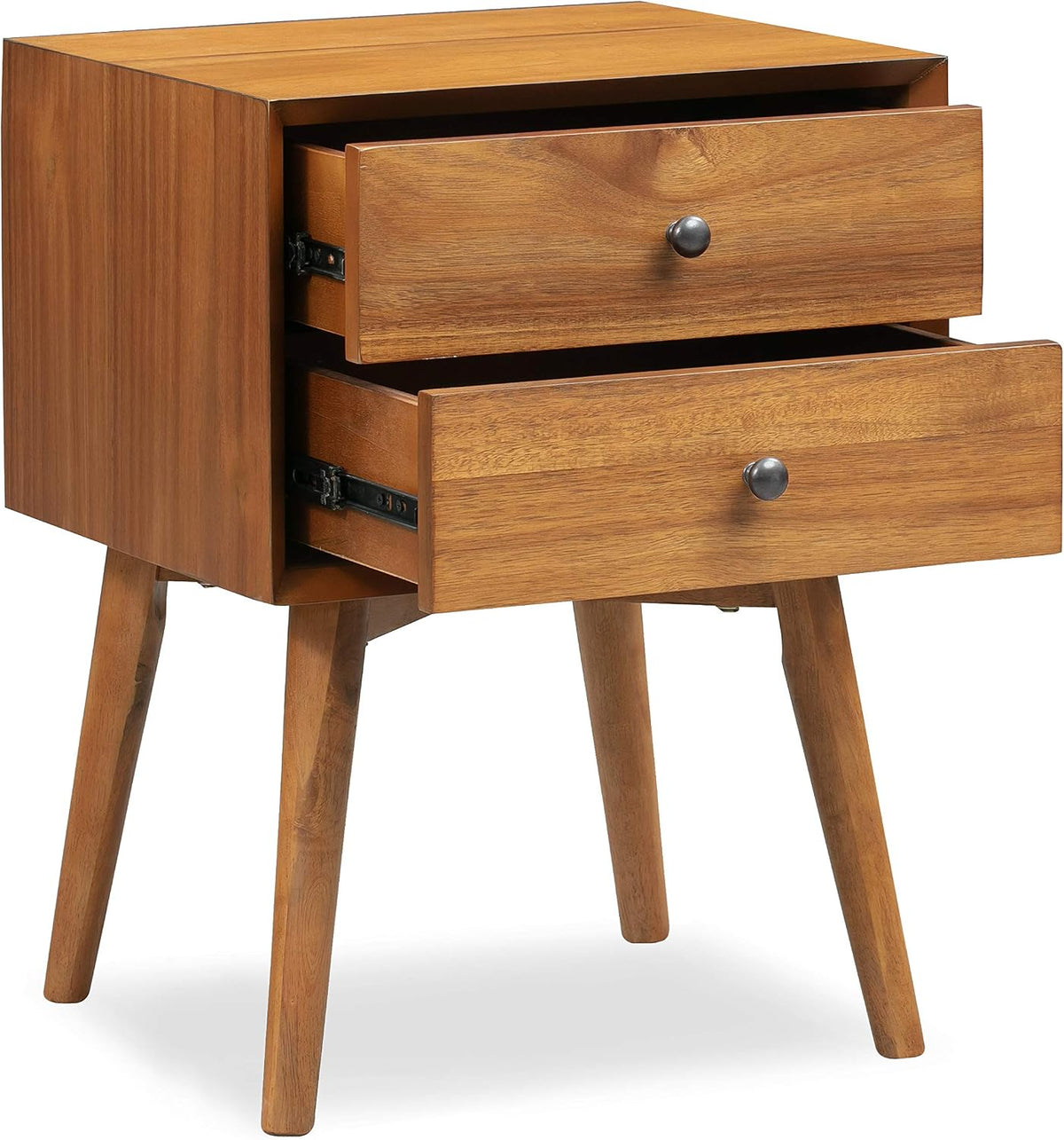 Three-quarter view with both drawers open showing interior storage and soft metal glides