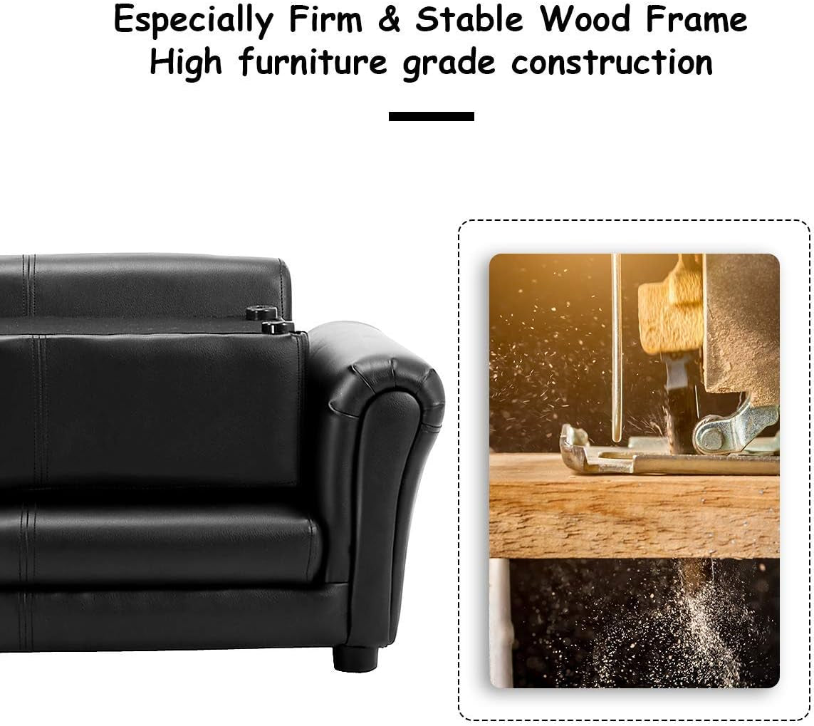 Close-up of the sofa's rolled arm with a separate inset photo of a saw cutting wood to suggest frame construction.