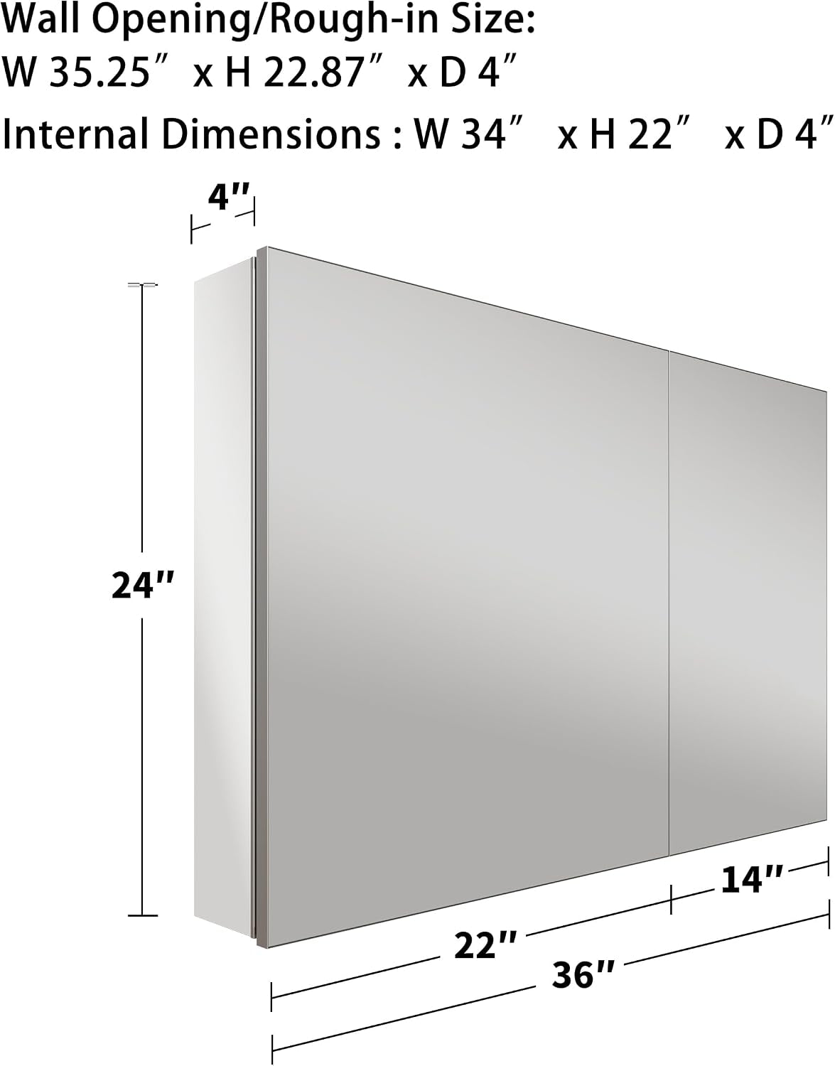 Side view diagram of 36x24 mirrored cabinet with wall opening and internal depth dimensions labeled