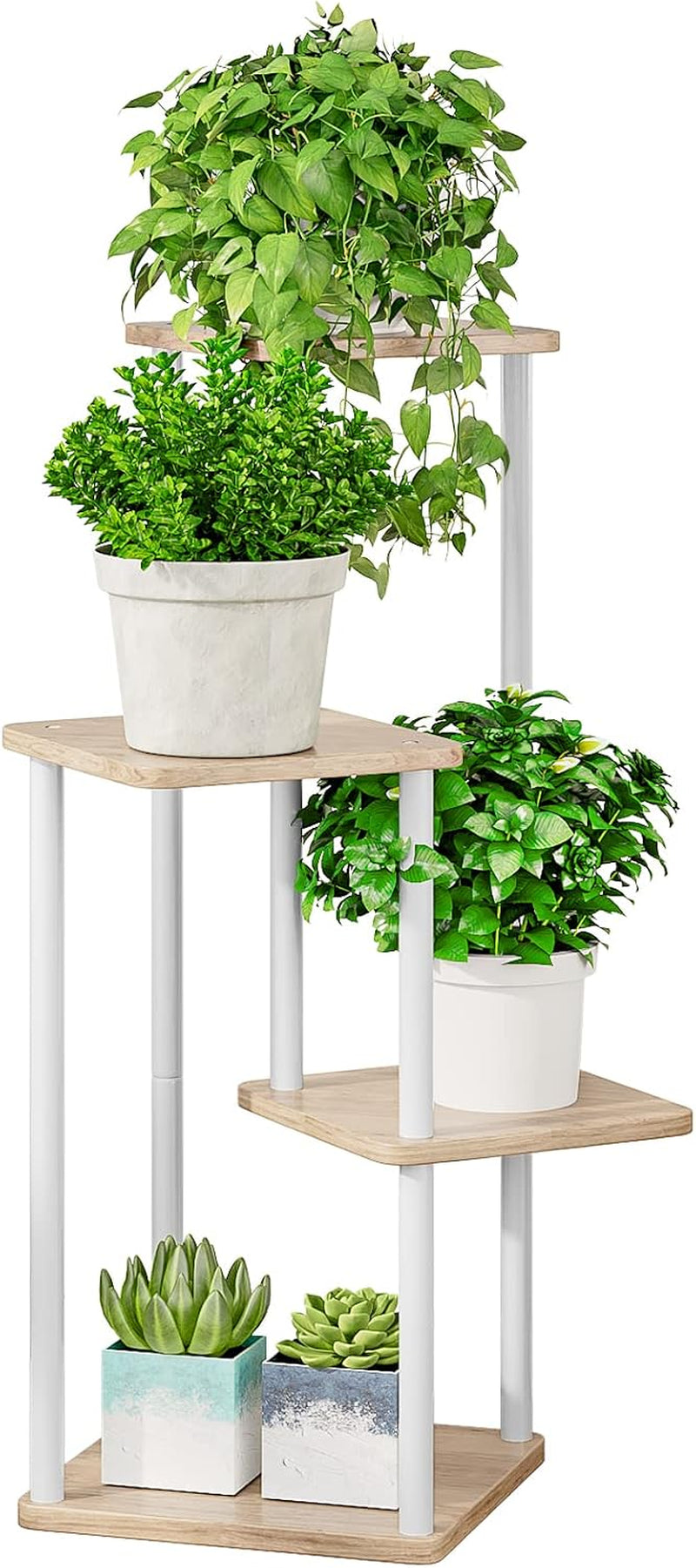 White metal legs with light wood shelves holding potted plants and two small succulents on base shelf