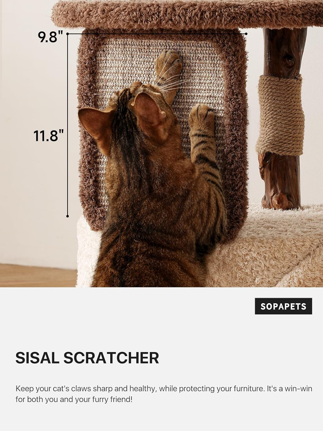 Top-down view of a tabby cat stretching and scratching a rectangular sisal pad beside a rope-wrapped wooden post.