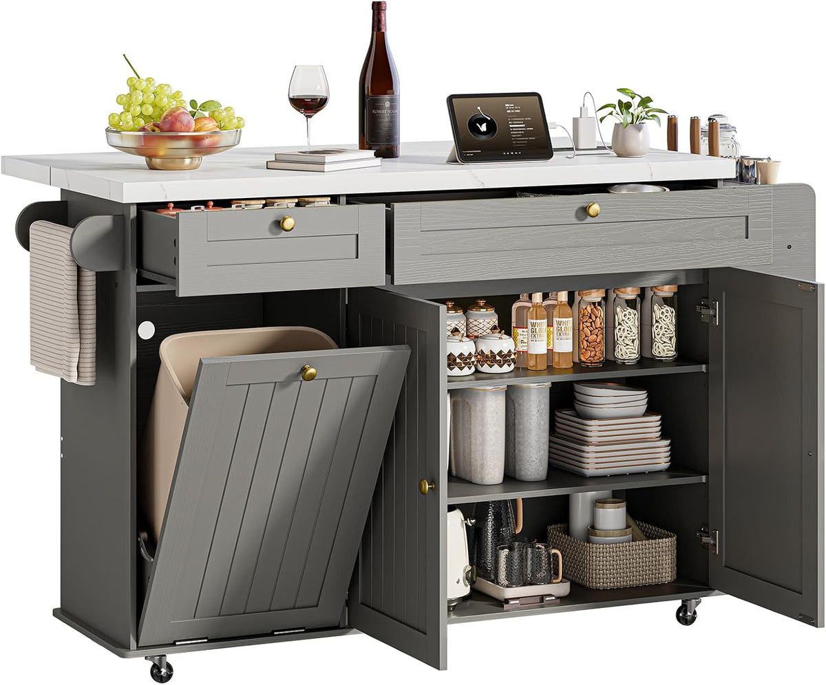 Front view of kitchen island cart with white top, two drawers, open cabinet shelves and a tilt-out trash bin