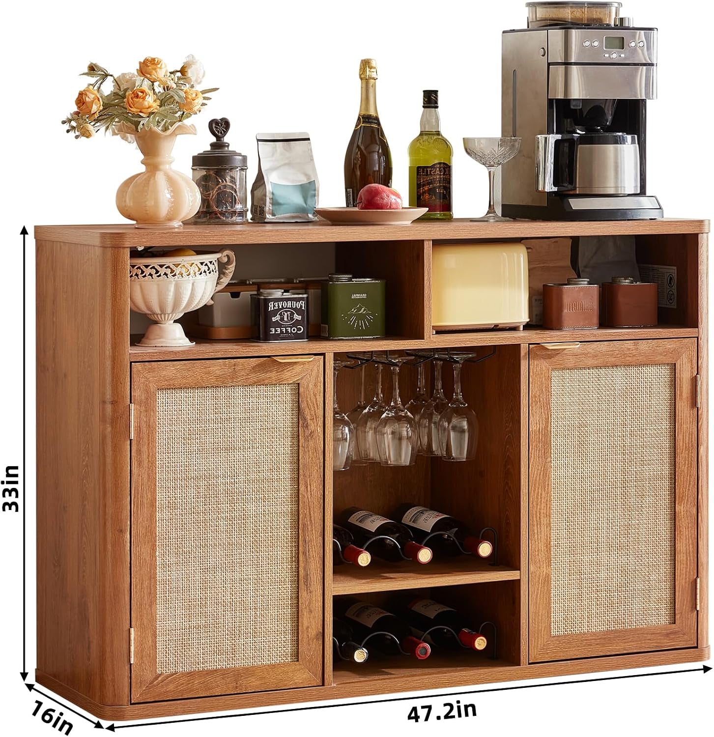 Front view with dimension overlays showing cabinet proportions, rattan mesh doors and central wine storage