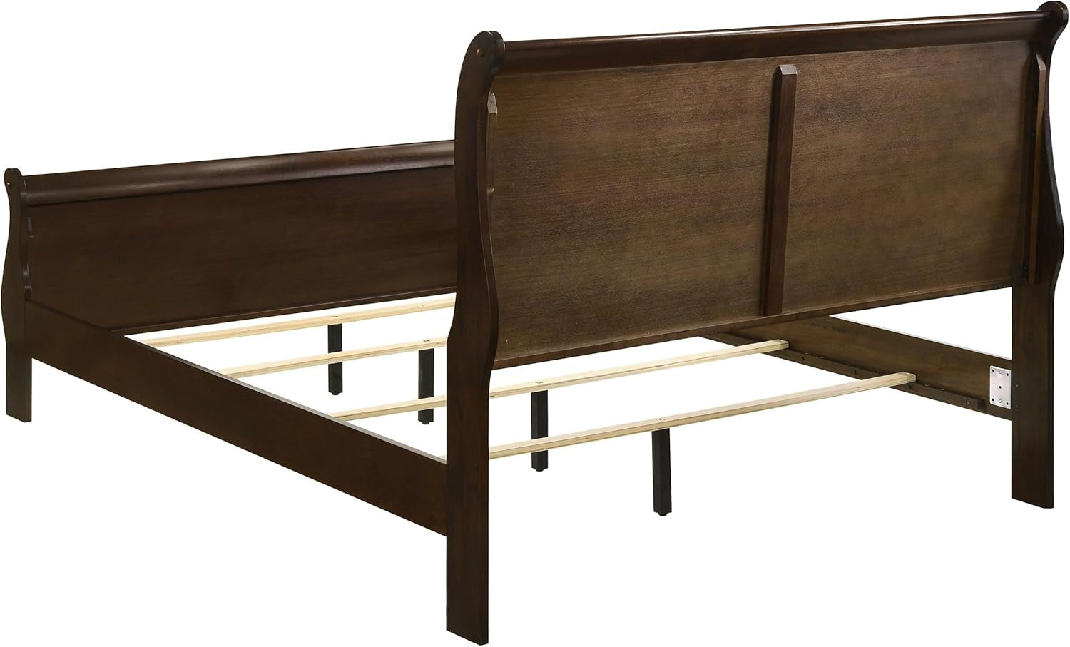 Cappuccino sleigh bed frame angled rear-right view showing headboard back panel and center support legs