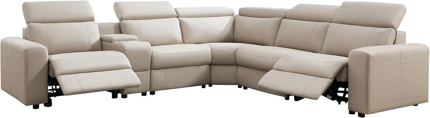 Five-seat beige power reclining sectional shown fully assembled with two recliners extended