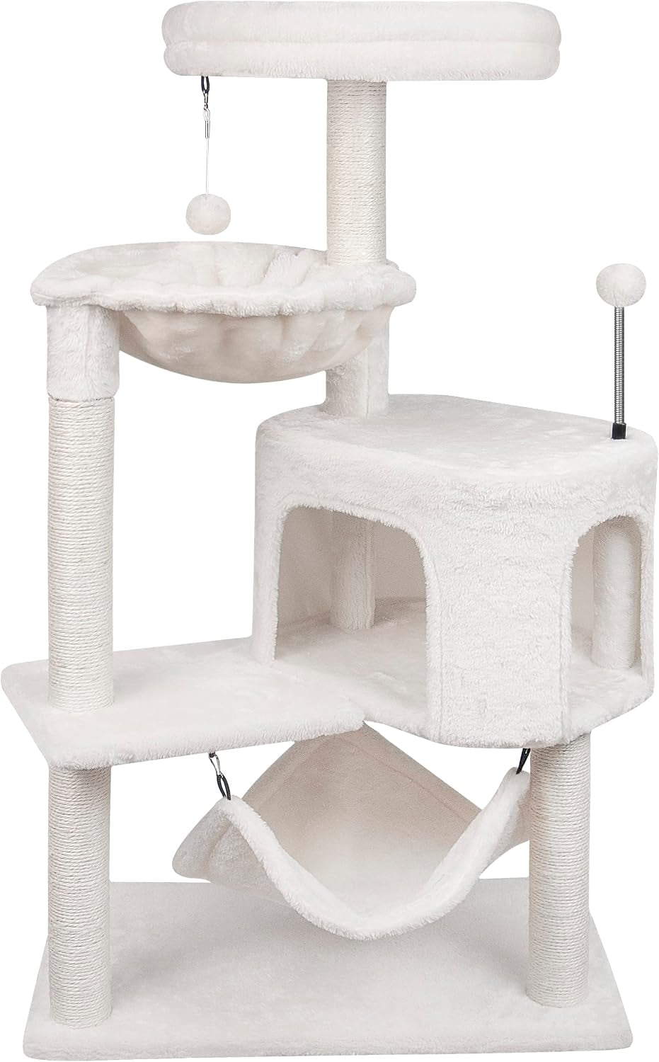 Cream white cat tree with hammock, enclosed cube condo, sisal-wrapped posts and pom toy.