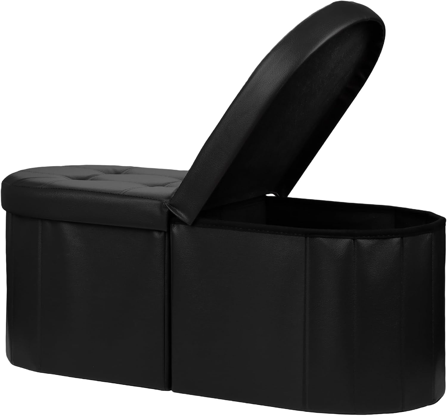Black faux leather folding storage bench with tufted seat, lid propped open revealing storage space.