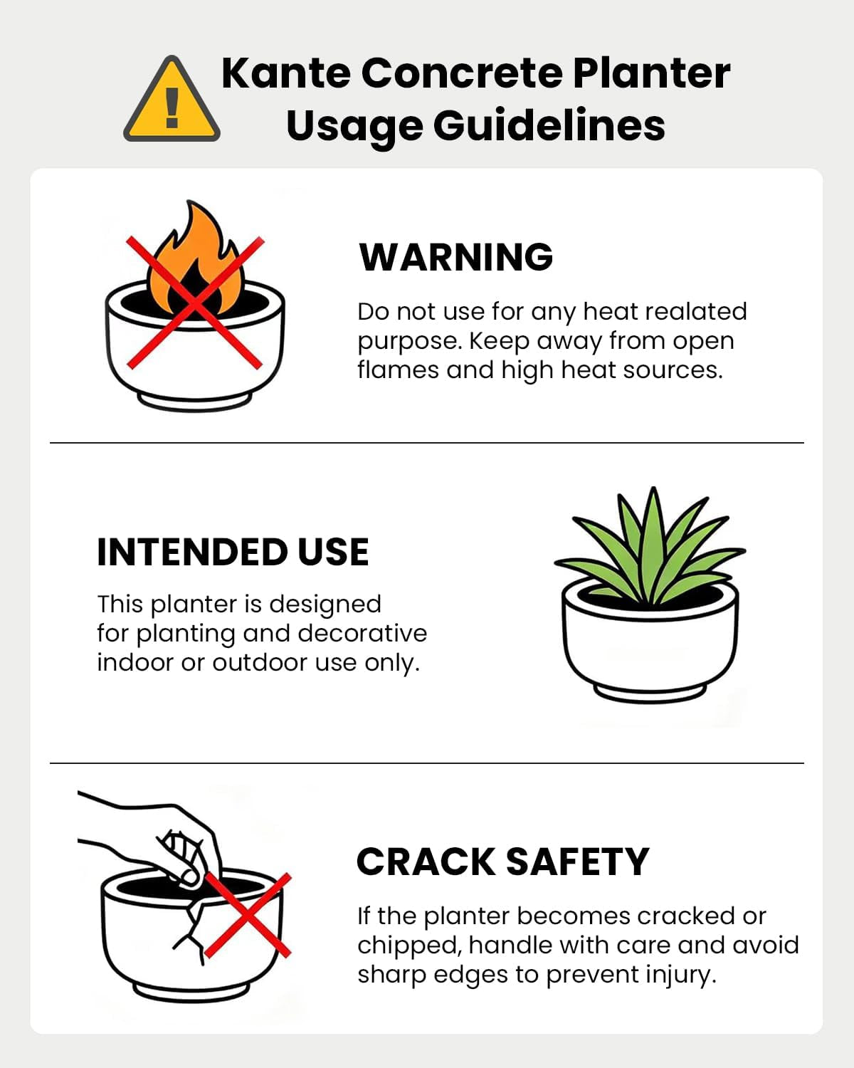 Instructional poster showing safety and intended-use icons and sections for the concrete planter.