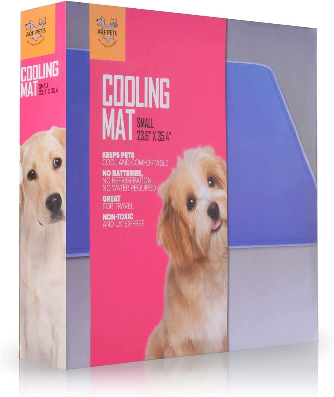 Retail box showing a partial blue mat panel and photos of two dogs on a pink and gray package front.