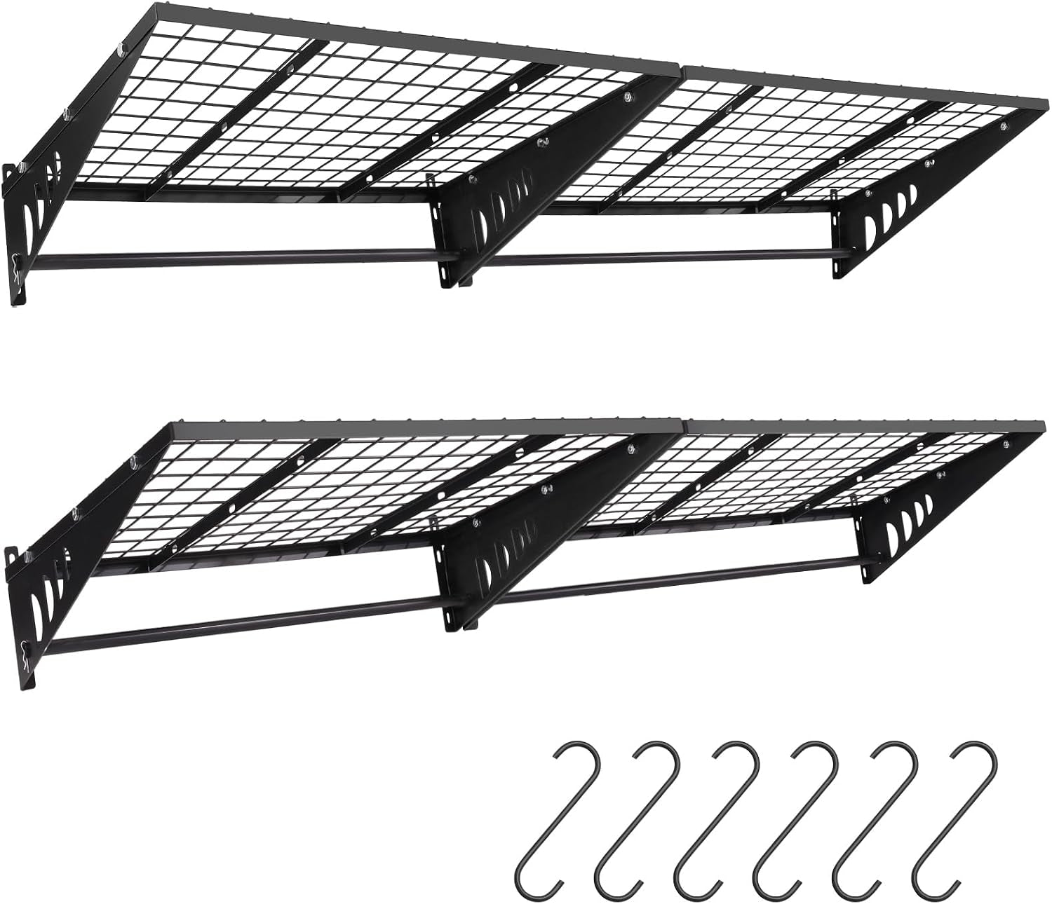 Two black wire-grid wall-mounted shelving units with hanging rods and six S-shaped hooks on white background.