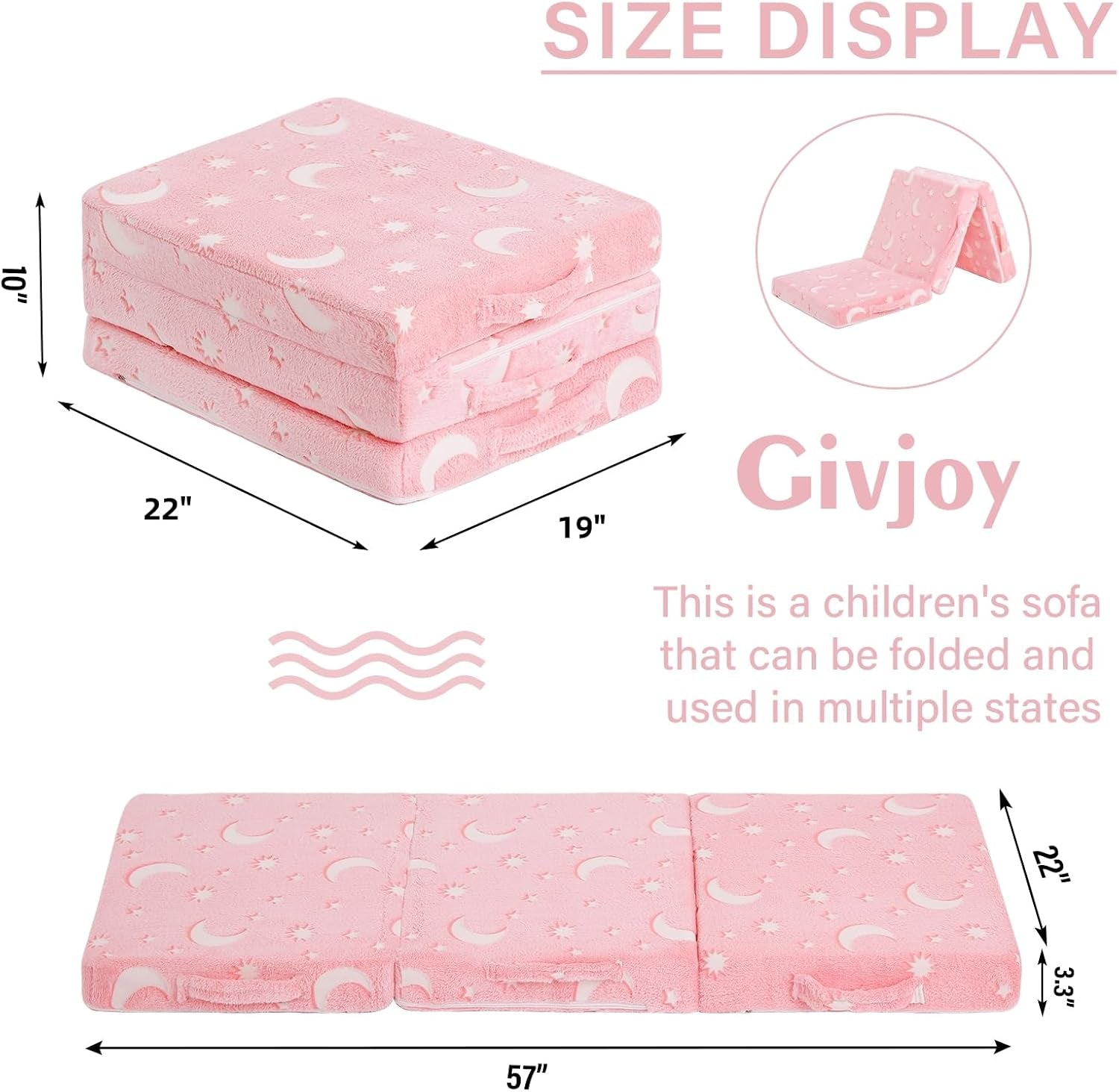 Product diagram and flat view showing the pink tri-fold mattress laid flat and folded, with measurement arrows.