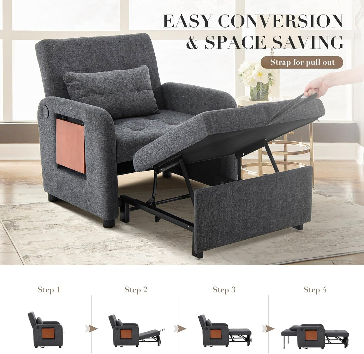 Sleeper chair converted to a bed with the pull-out frame extended and mattress surface visible in dark grey