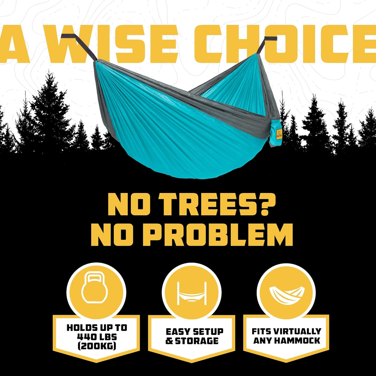 Turquoise and gray camping hammock suspended to show size and curved shape against a graphic background