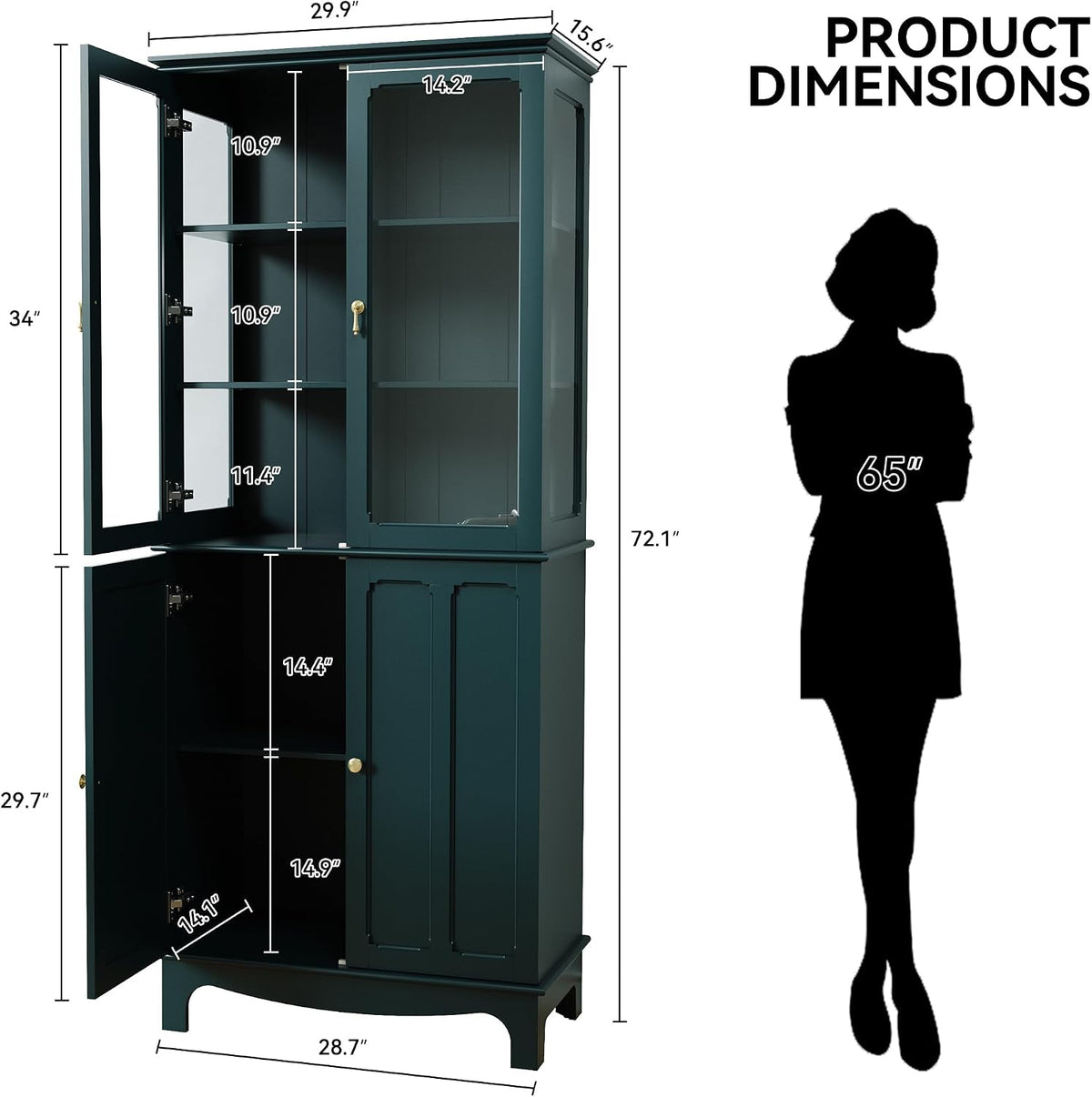 Dimension diagram of the tall cabinet showing internal shelf spacing and a human silhouette for scale