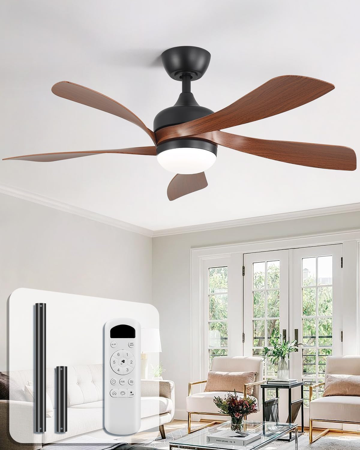Ceiling fan with five curved wood-tone blades and white light mounted in a bright living room.