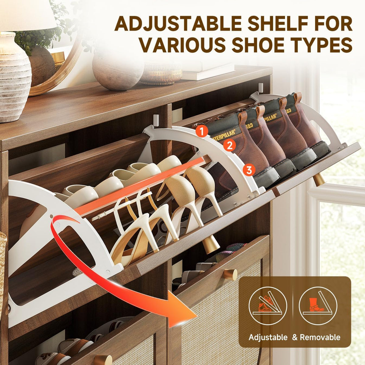 Close-up of a flip-drawer opened to show adjustable inner racks holding boots and heels.