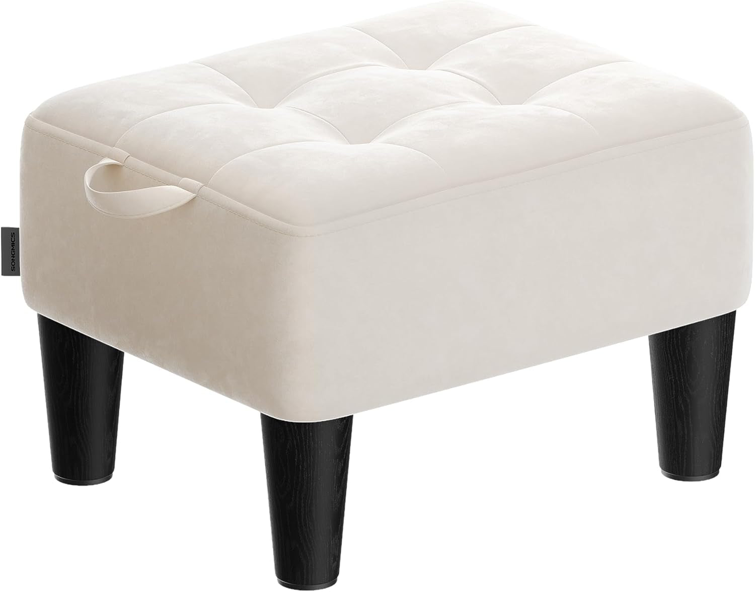 Rectangular tufted ottoman in soft off‑white with black tapered legs and a side handle loop