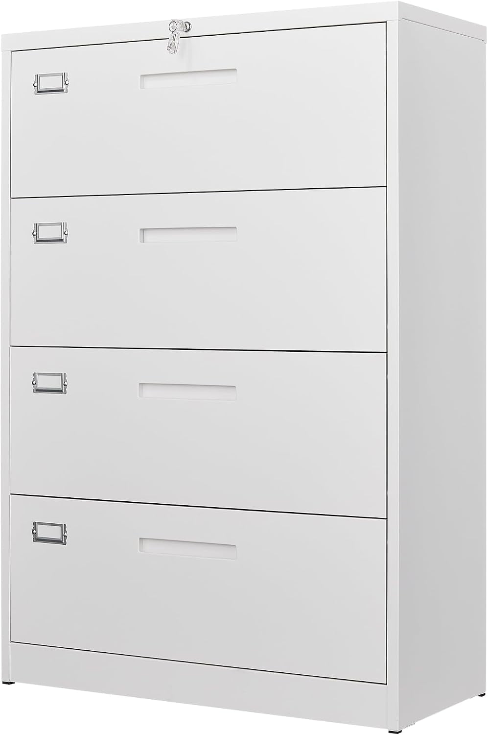 Clean front view of a white metal filing cabinet with four wide drawers and a small lock at top.