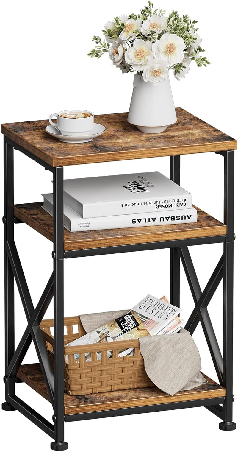 Rustic brown three-tier side table front view showing wood shelves and black metal X-frame