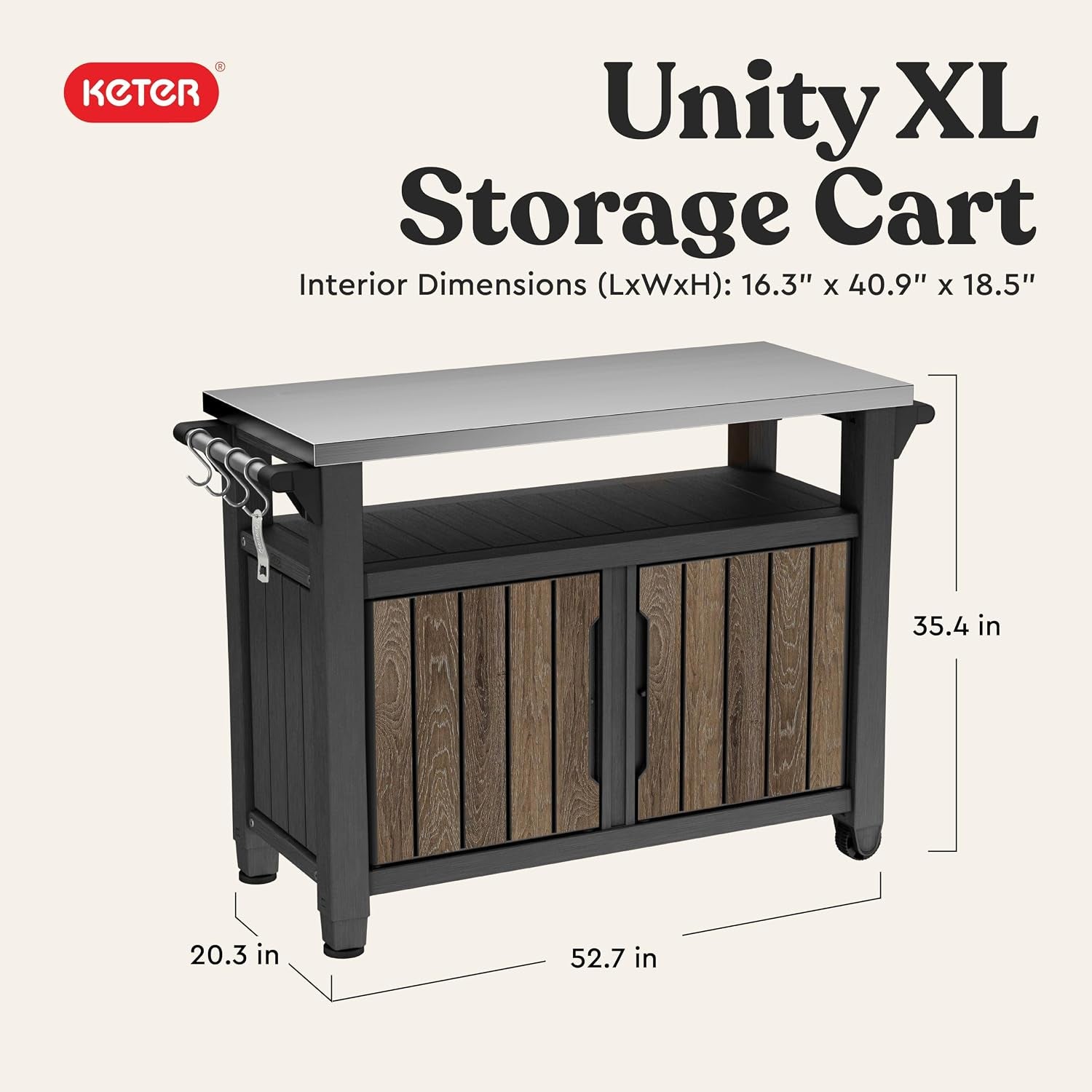 Outdoor entertainment station front view with dimensional labels and stainless-steel top